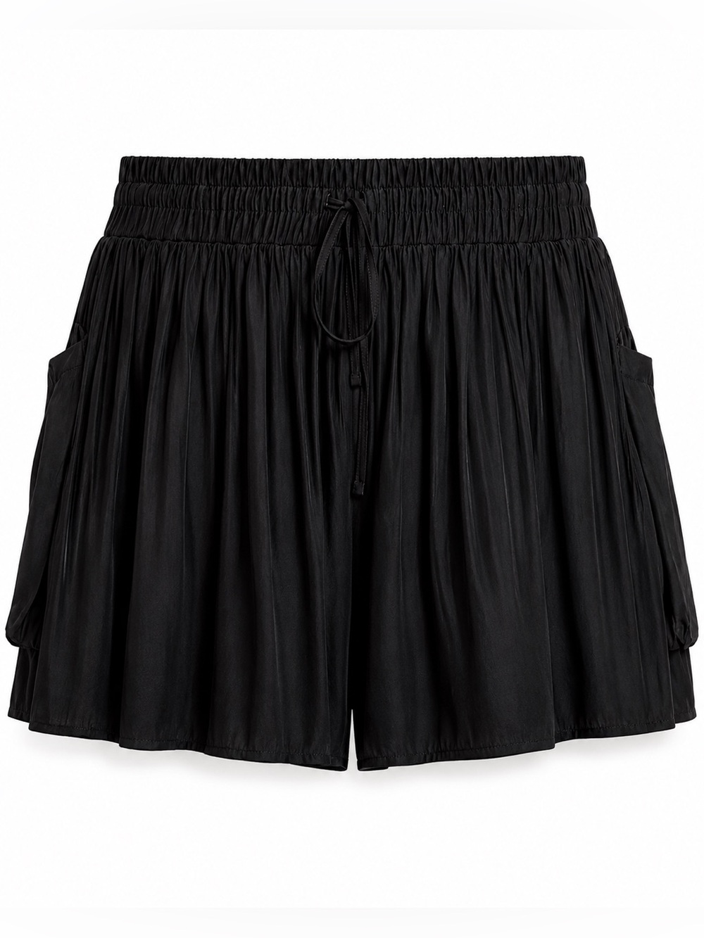 Ramy Brook Black Silk Pleated Drawstring Shorts L Flowy Resort Vacation Luxury